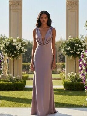 Cinderella Divine Lavender Mauve V-Neck Ruched Mermaid Gown Bridesmaid Size 4